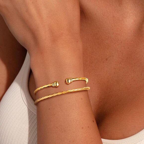 Unisex Simple Cuff Bracelet 18K Real Gold Platinum Plated Fine Bracelets Fashion - Picture 6 of 7